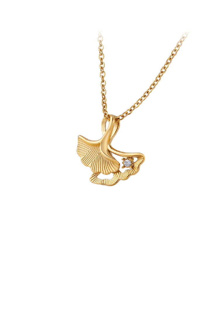 Fashion Simple Plated Gold 316L Stainless Steel Ginkgo Leaf Pendant with Cubic Zirconia and Necklace - Luxurious Look