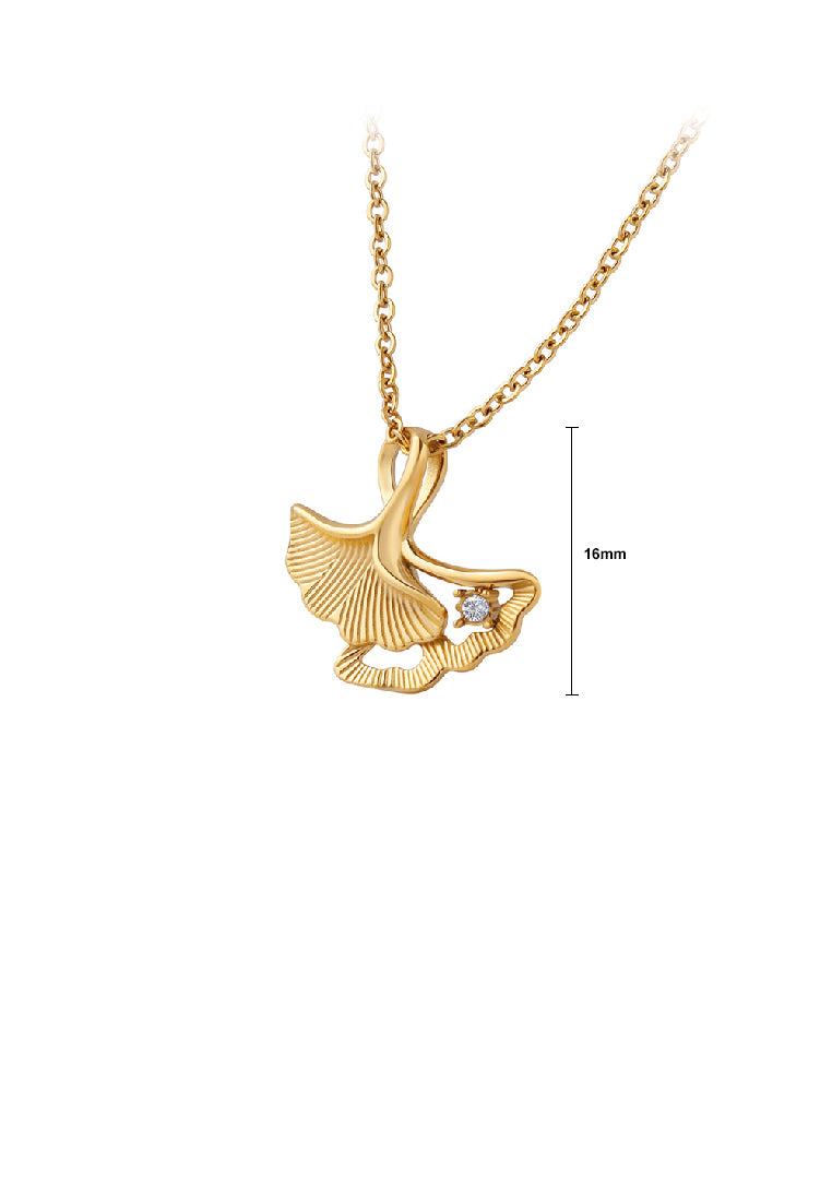 Fashion Simple Plated Gold 316L Stainless Steel Ginkgo Leaf Pendant with Cubic Zirconia and Necklace - Luxurious Look