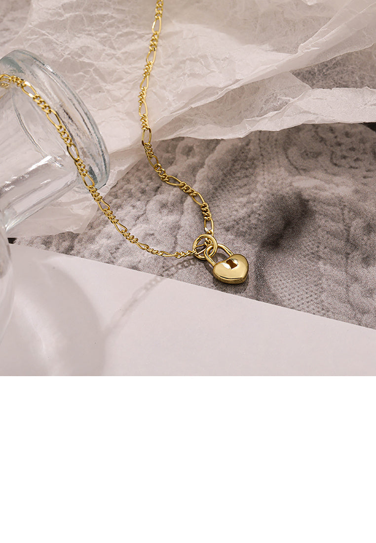 925 Sterling Silver Plated Gold Simple Romantic Heart Lock Pendant with Necklace