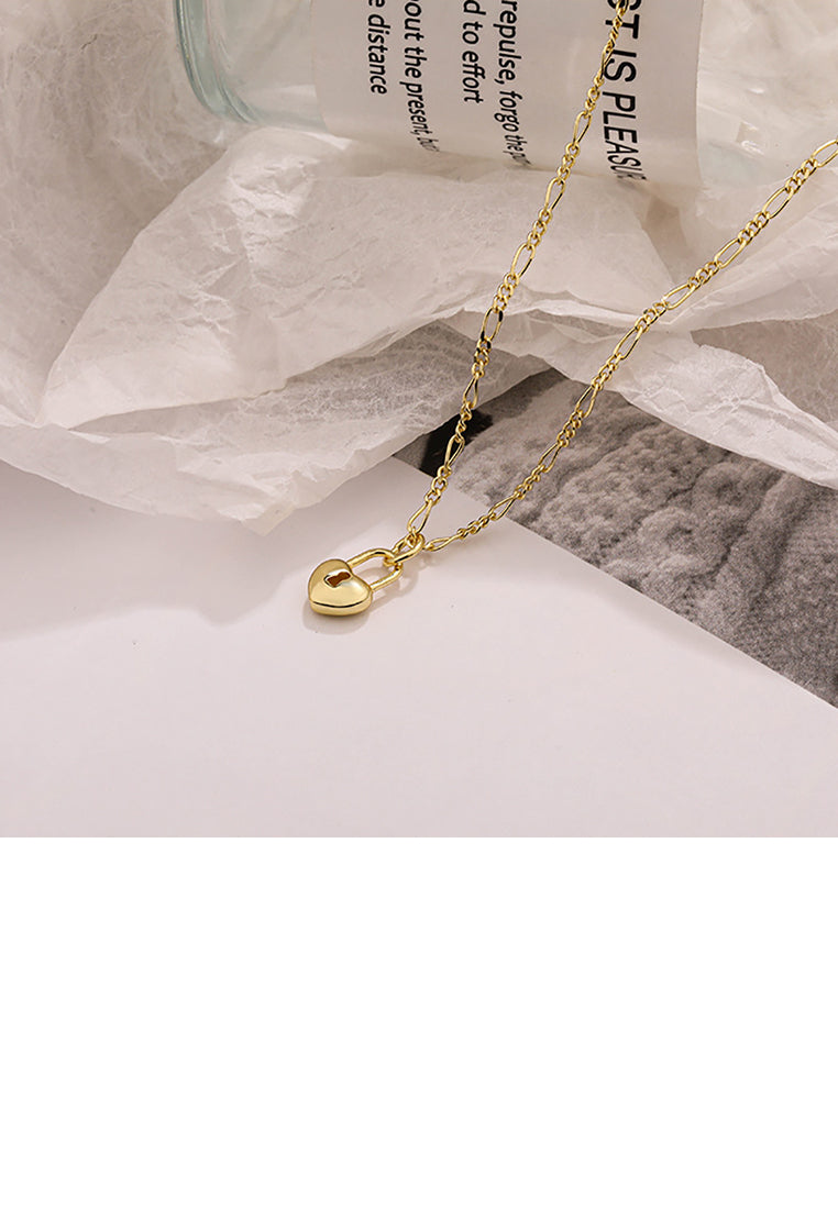 925 Sterling Silver Plated Gold Simple Romantic Heart Lock Pendant with Necklace