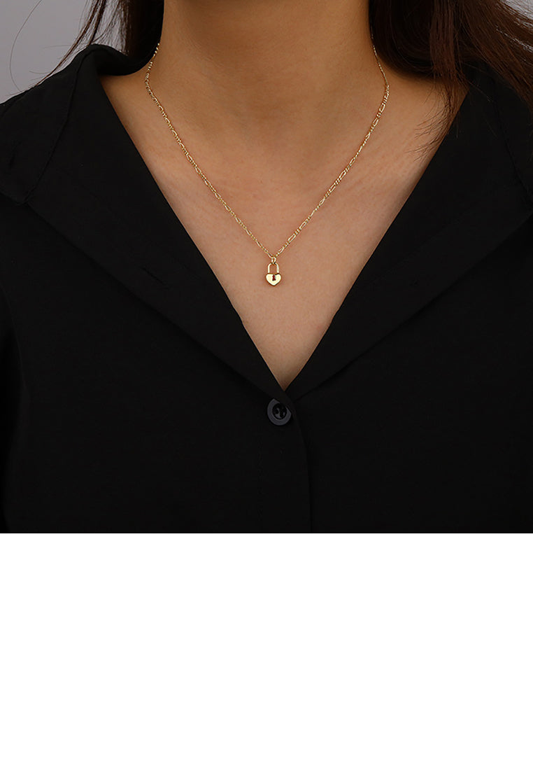 925 Sterling Silver Plated Gold Simple Romantic Heart Lock Pendant with Necklace