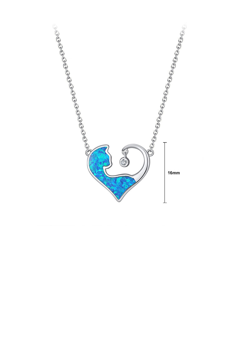 925 Sterling Silver Simple Fashion Heart Shape Blue Cat Pendant with Cubic Zirconia and Necklace - Luxurious Look