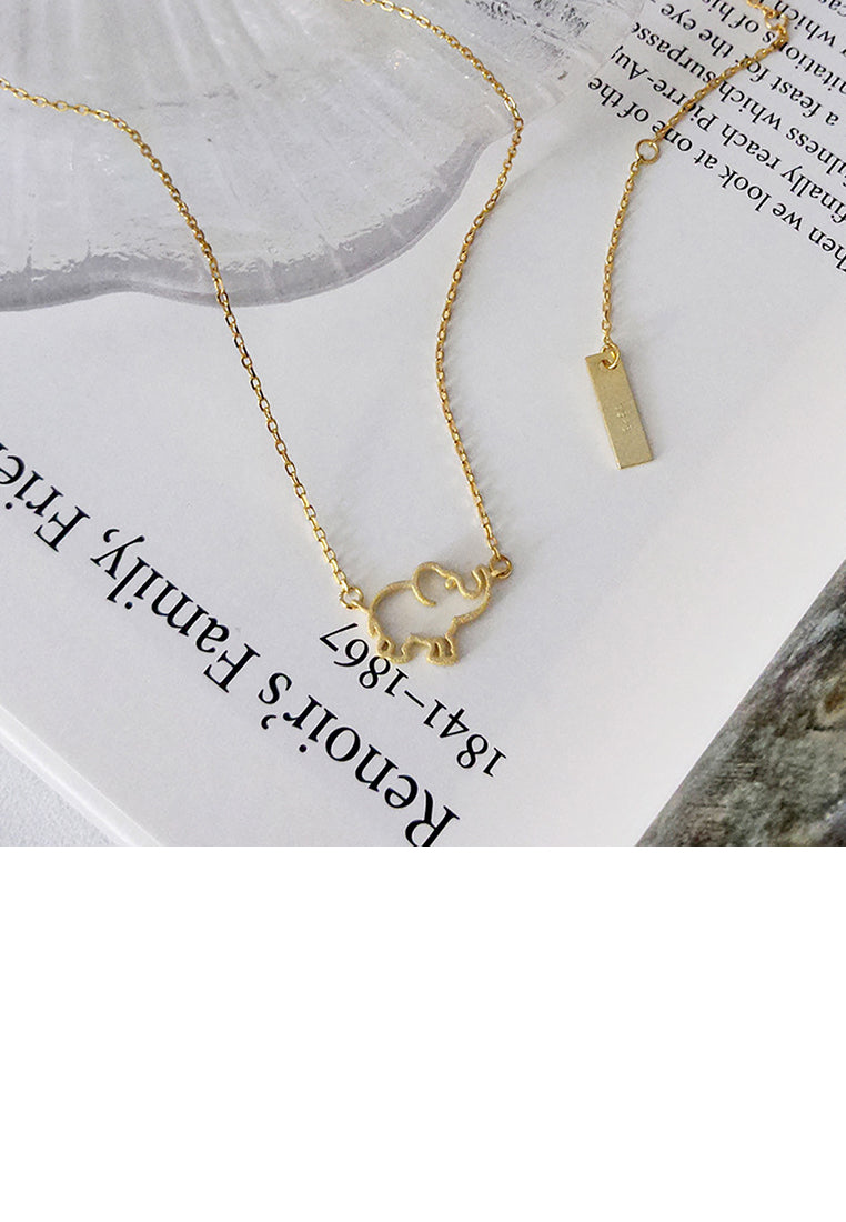 925 Sterling Silver Plated Gold Simple Cute Hollow Elephant Pendant with Necklace