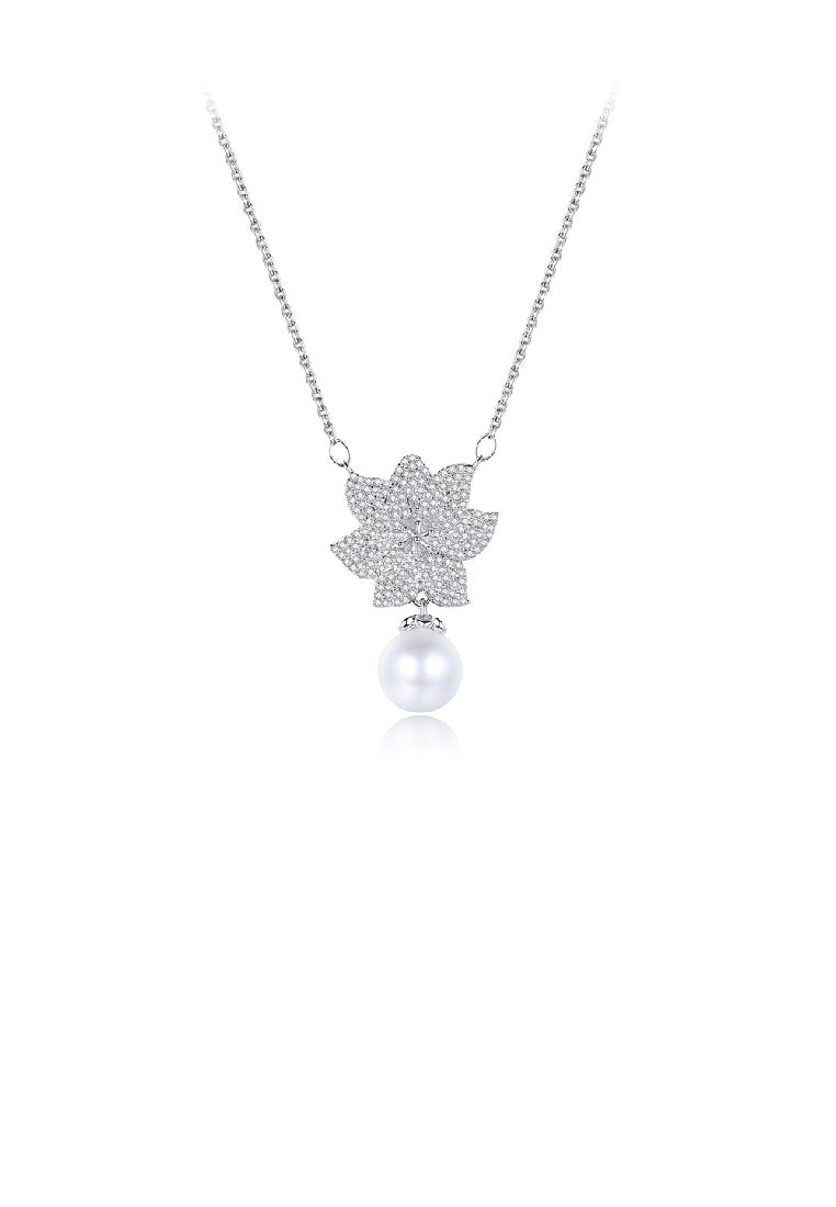 Fashion Brilliant Camellia Imitation Pearl Pendant with Cubic Zirconia and Necklace - Luxurious Look