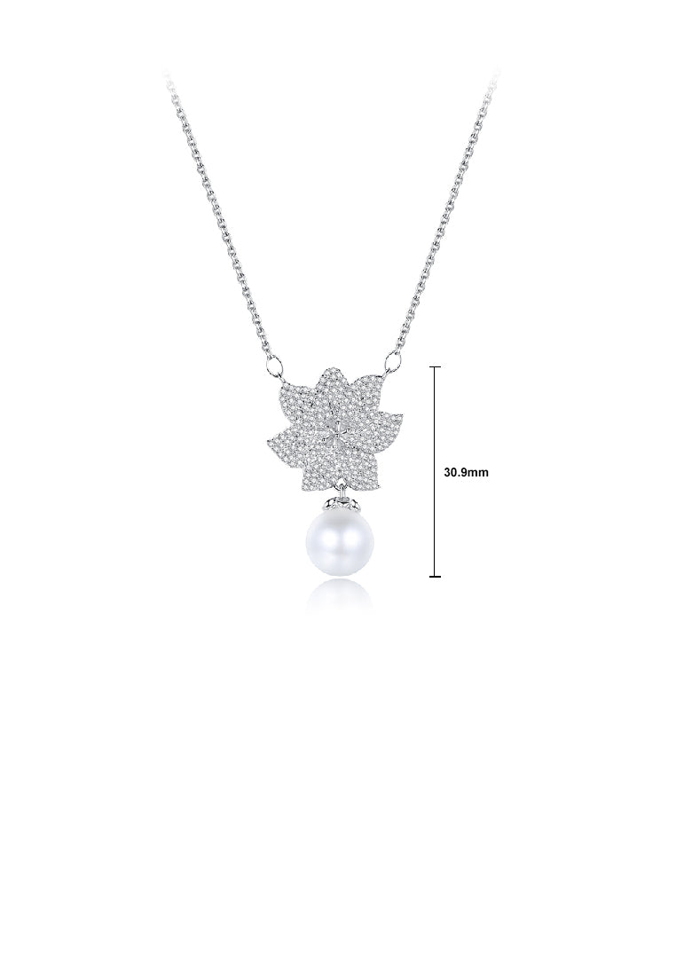 Fashion Brilliant Camellia Imitation Pearl Pendant with Cubic Zirconia and Necklace - Luxurious Look