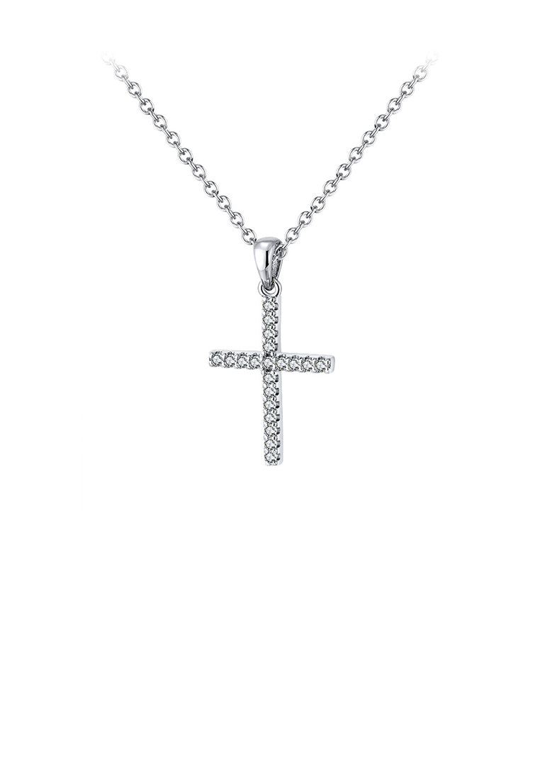 925 Sterling Silver Simple Bright Cross Pendant with Cubic Zirconia and Necklace - Luxurious Look