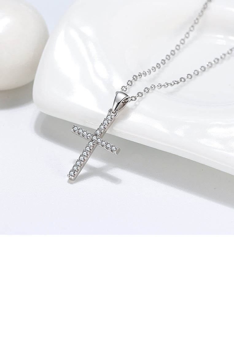 925 Sterling Silver Simple Bright Cross Pendant with Cubic Zirconia and Necklace - Luxurious Look