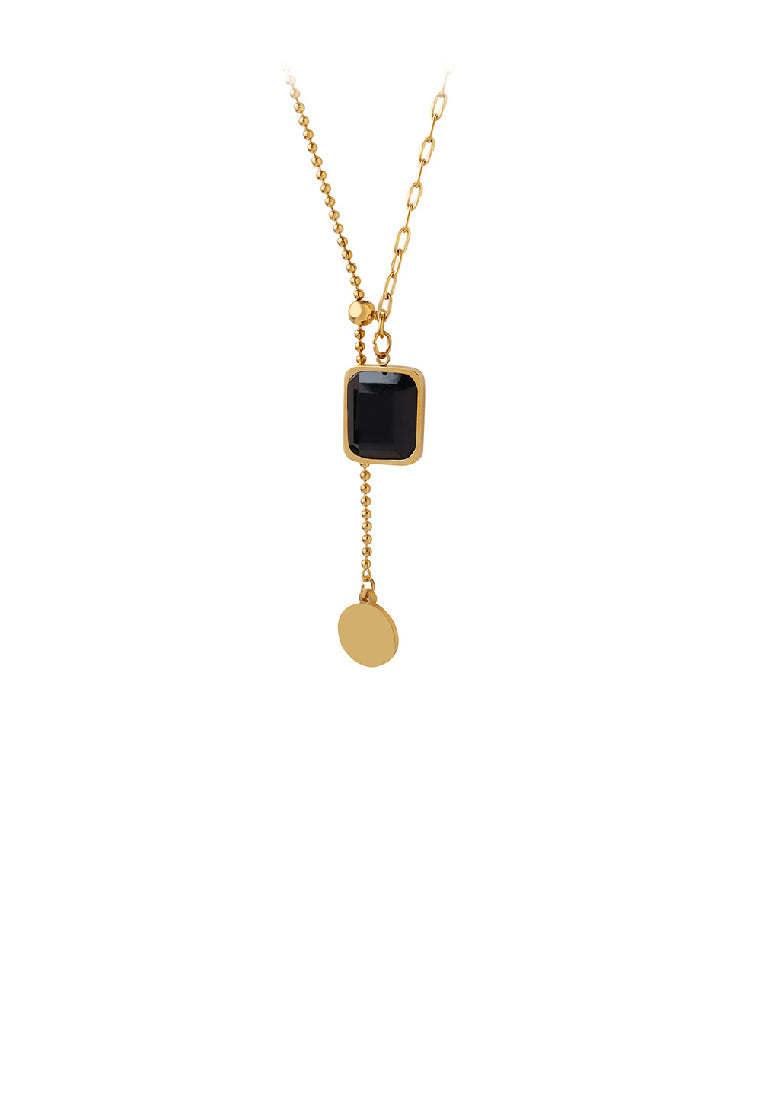 Fashion Plated Gold 316L Stainless Steel Geometric Square Tassel Pendant with Black Cubic Zirconia and Necklace - Luxurious Look
