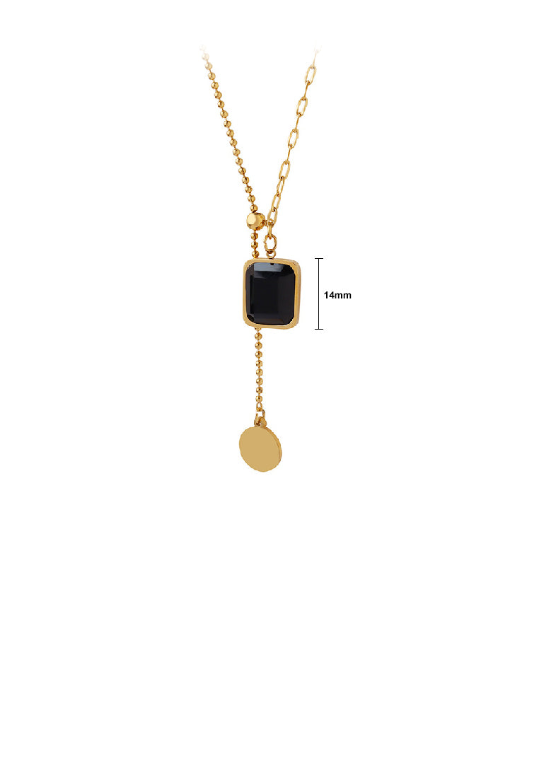 Fashion Plated Gold 316L Stainless Steel Geometric Square Tassel Pendant with Black Cubic Zirconia and Necklace - Luxurious Look