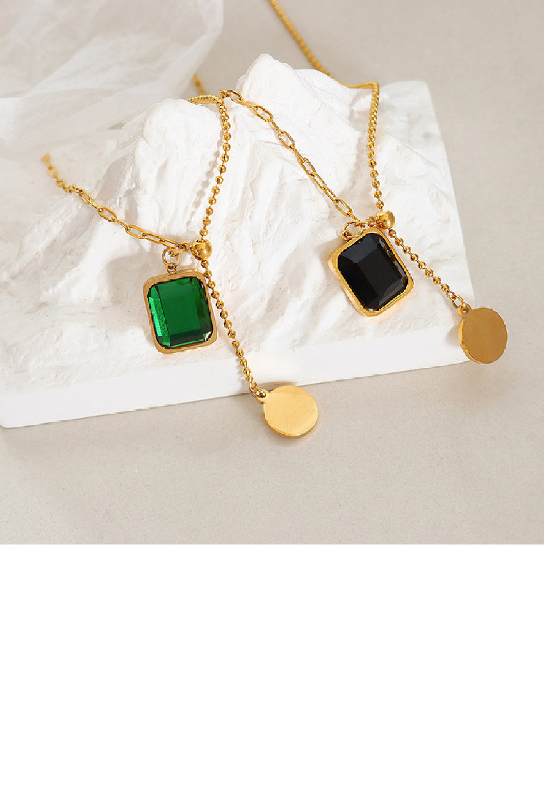 Fashion Plated Gold 316L Stainless Steel Geometric Square Tassel Pendant with Black Cubic Zirconia and Necklace - Luxurious Look