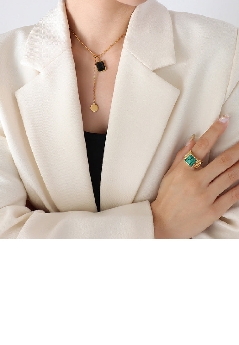 Fashion Plated Gold 316L Stainless Steel Geometric Square Tassel Pendant with Black Cubic Zirconia and Necklace - Luxurious Look