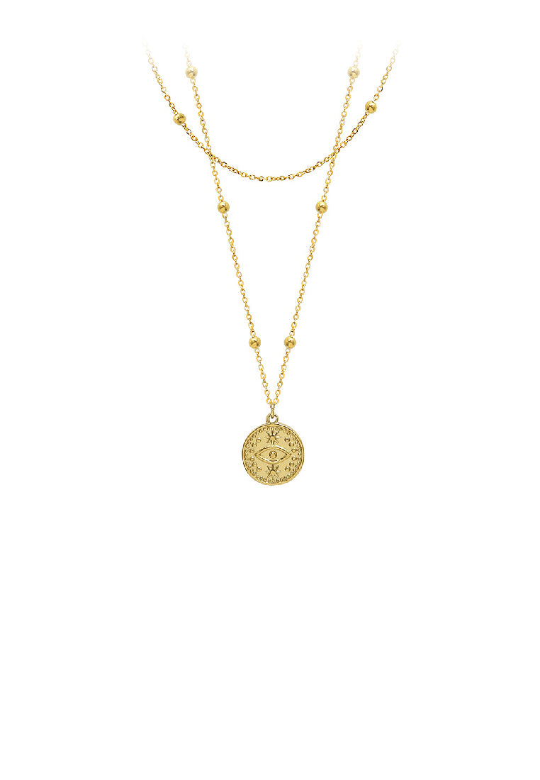 Fashion Temperament Plated Gold 316L Stainless Steel Eye Geometric Round Pendant with Double Layer Necklace
