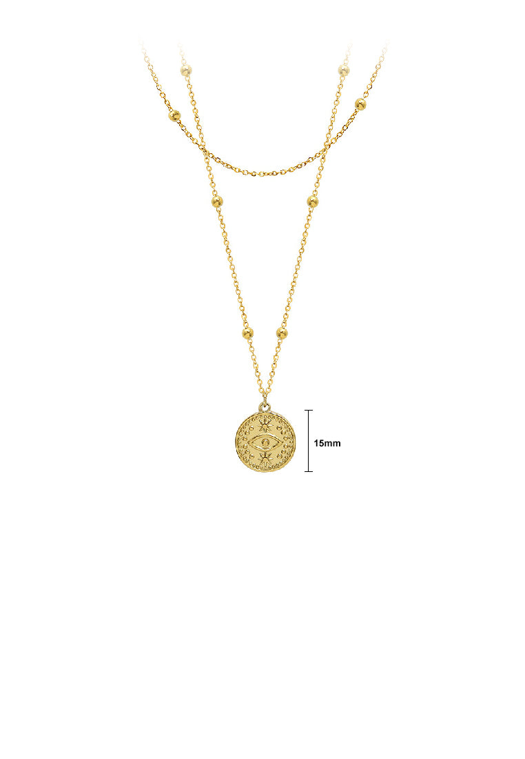 Fashion Temperament Plated Gold 316L Stainless Steel Eye Geometric Round Pendant with Double Layer Necklace