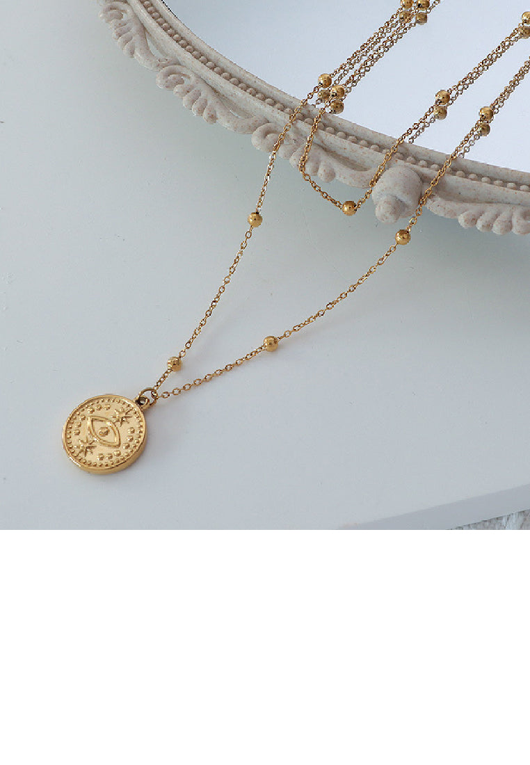 Fashion Temperament Plated Gold 316L Stainless Steel Eye Geometric Round Pendant with Double Layer Necklace