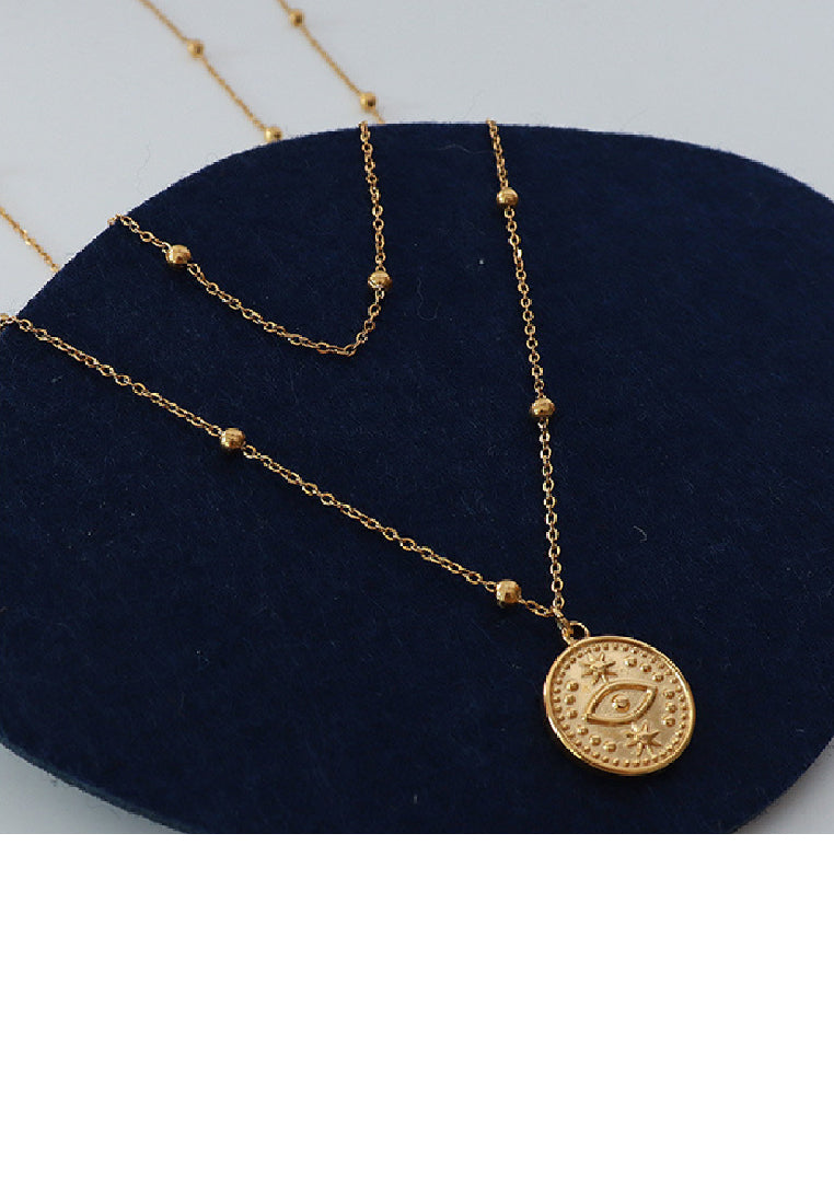Fashion Temperament Plated Gold 316L Stainless Steel Eye Geometric Round Pendant with Double Layer Necklace