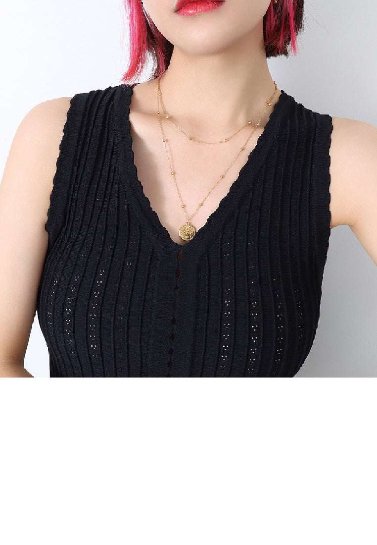 Fashion Temperament Plated Gold 316L Stainless Steel Eye Geometric Round Pendant with Double Layer Necklace