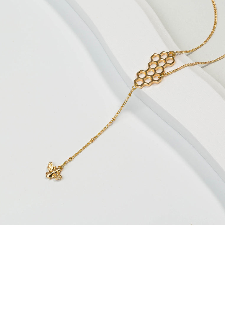 Fashion Simple Plated Gold Hollow Honeycomb Tassel Bee Pendant with Necklace