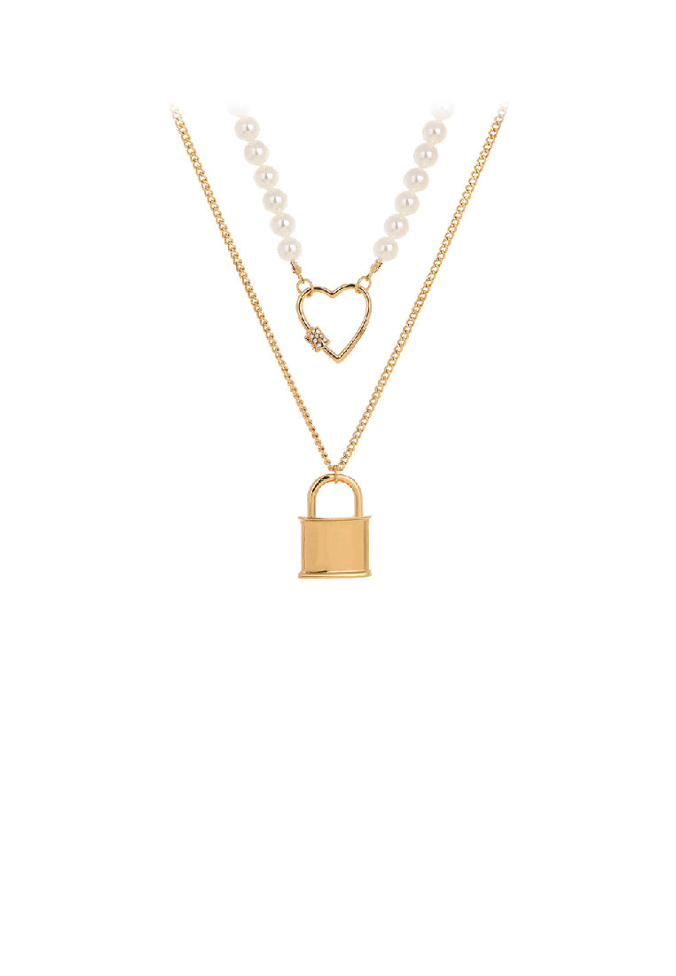 Fashion and Elegant Plated Gold Lock Hollow Heart Cubic Zirconia Pendant with Imitation Pearl Beaded Double Necklace - Luxurious Look