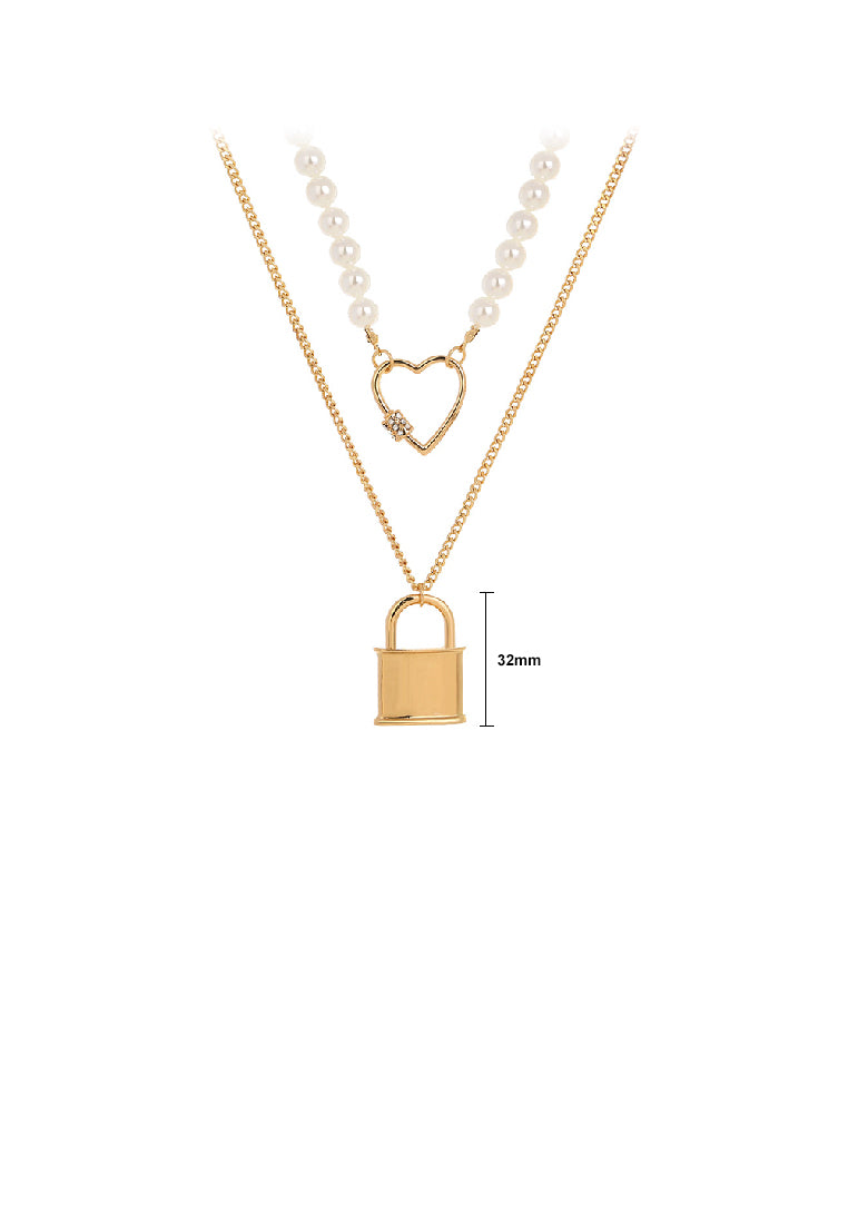 Fashion and Elegant Plated Gold Lock Hollow Heart Cubic Zirconia Pendant with Imitation Pearl Beaded Double Necklace - Luxurious Look