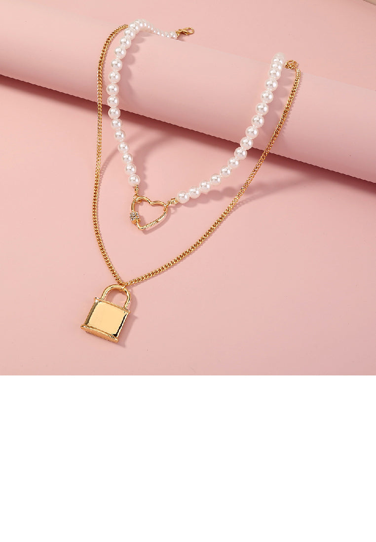 Fashion and Elegant Plated Gold Lock Hollow Heart Cubic Zirconia Pendant with Imitation Pearl Beaded Double Necklace - Luxurious Look