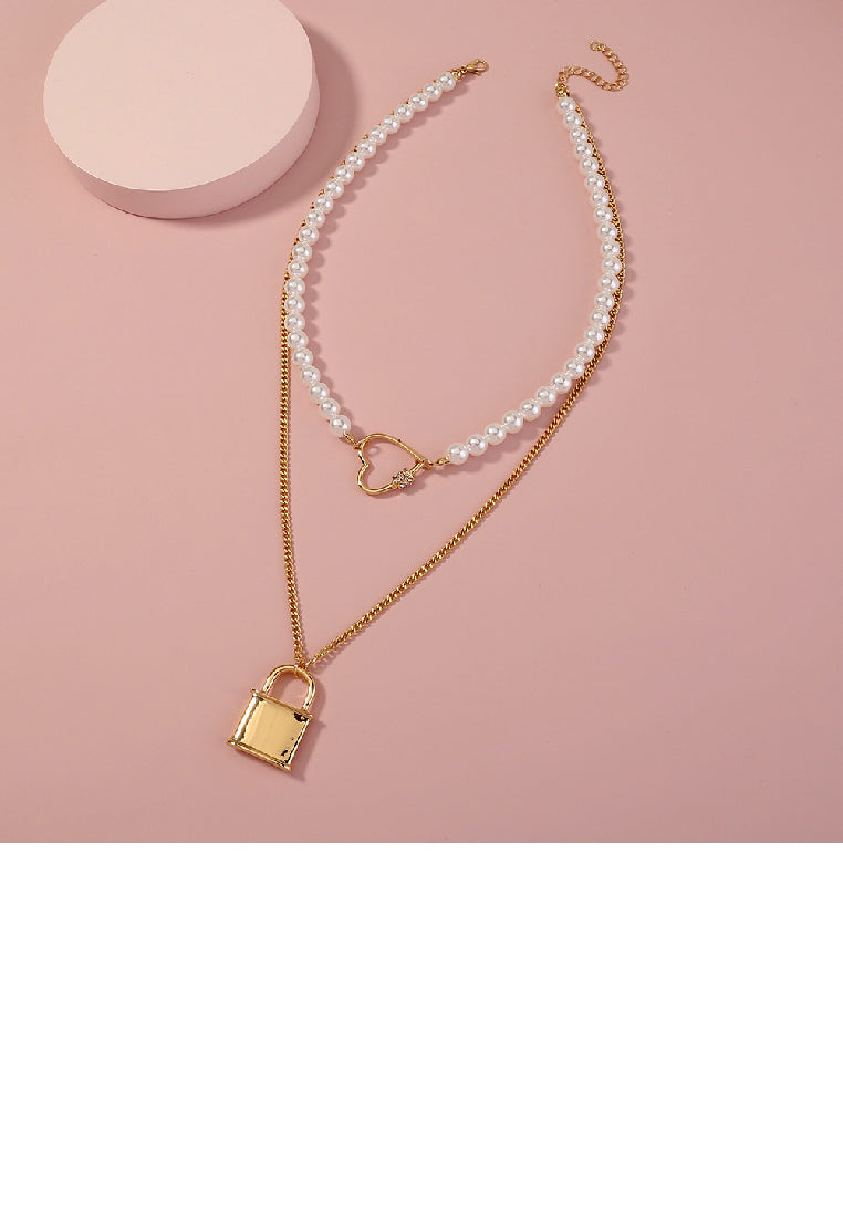 Fashion and Elegant Plated Gold Lock Hollow Heart Cubic Zirconia Pendant with Imitation Pearl Beaded Double Necklace - Luxurious Look