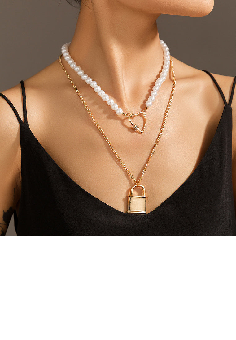 Fashion and Elegant Plated Gold Lock Hollow Heart Cubic Zirconia Pendant with Imitation Pearl Beaded Double Necklace - Luxurious Look