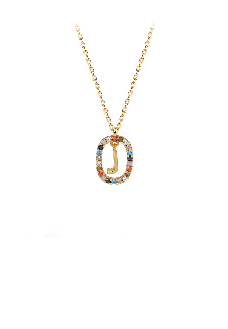 925 Sterling Silver Plated Gold Fashion Personality Alphabet J Hollow Geometric Oval Pendant with Colorful Cubic Zirconia and Necklace - Luxurious Look