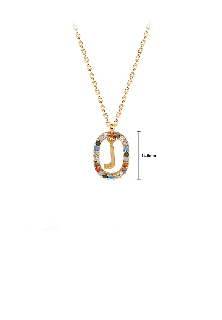925 Sterling Silver Plated Gold Fashion Personality Alphabet J Hollow Geometric Oval Pendant with Colorful Cubic Zirconia and Necklace - Luxurious Look