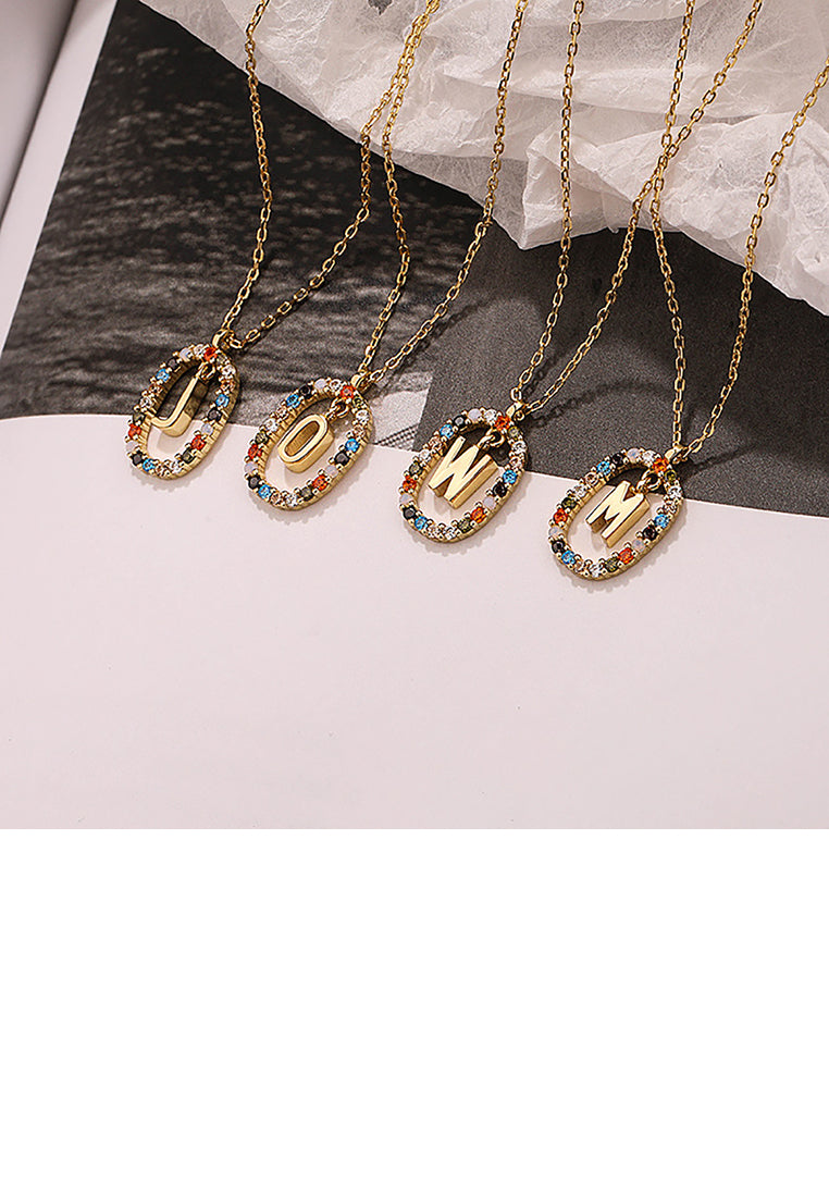 925 Sterling Silver Plated Gold Fashion Personality Alphabet J Hollow Geometric Oval Pendant with Colorful Cubic Zirconia and Necklace - Luxurious Look