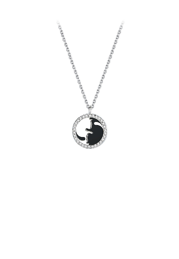 925 Sterling Silver Fashion Simple Cat Geometric Round Pendant with Cubic Zirconia and Necklace - Luxurious Look