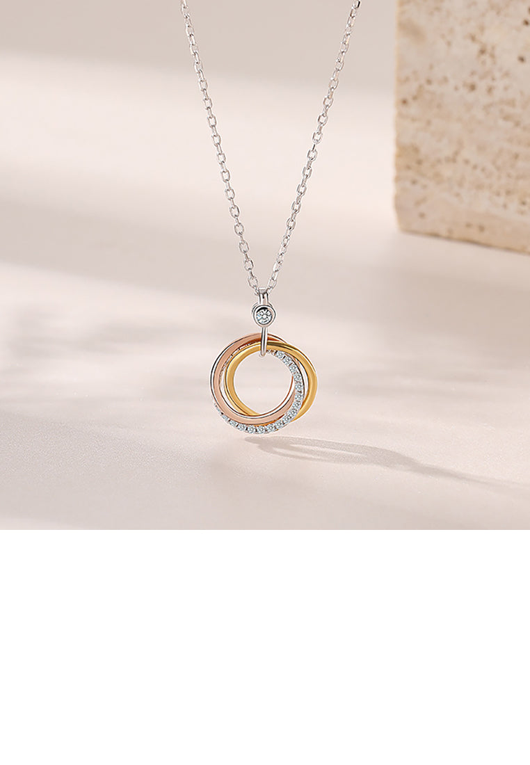 925 Sterling Silver Simple Temperament Geometric Three-Color Three-Ring Pendant with Cubic Zirconia and Necklace - Luxurious Look