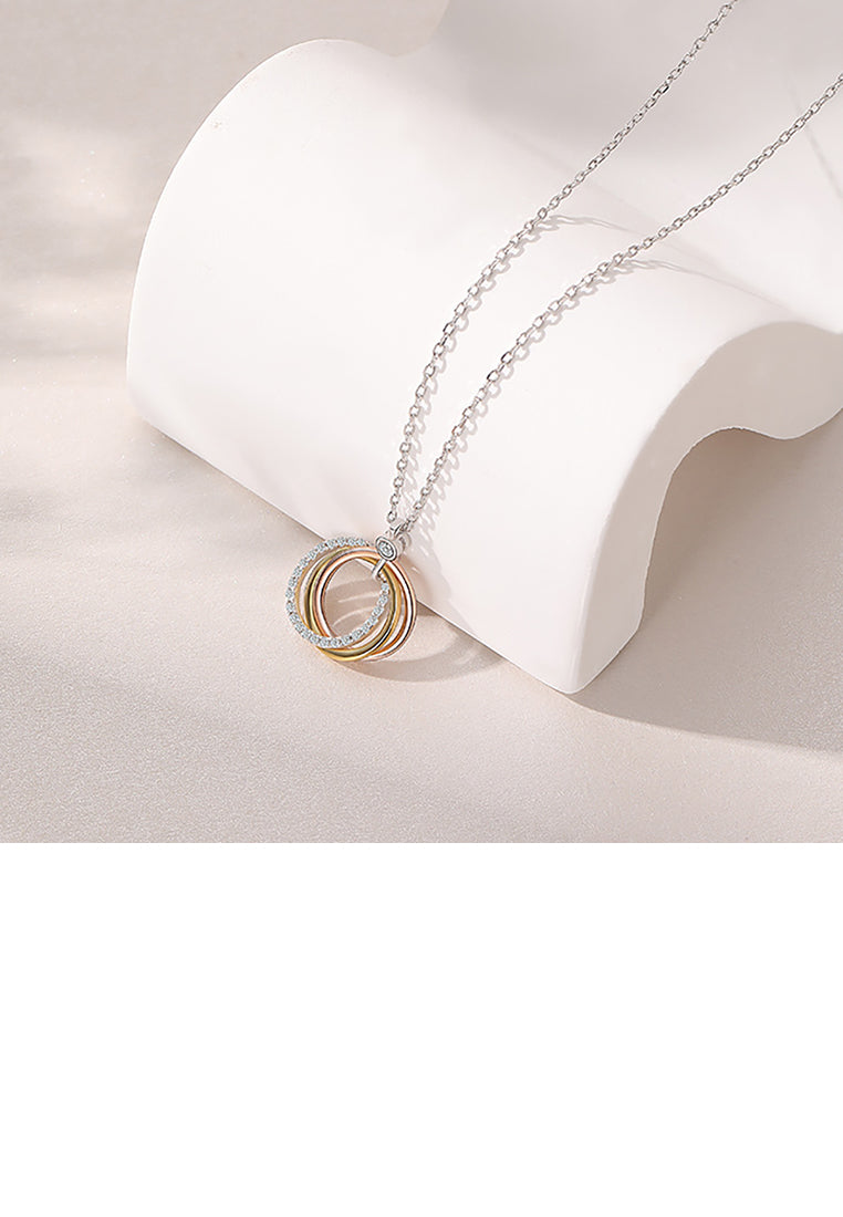 925 Sterling Silver Simple Temperament Geometric Three-Color Three-Ring Pendant with Cubic Zirconia and Necklace - Luxurious Look