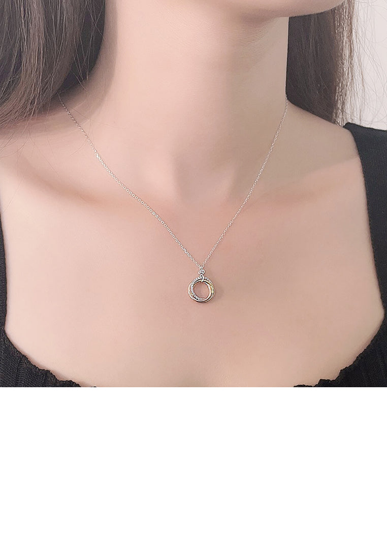 925 Sterling Silver Simple Temperament Geometric Three-Color Three-Ring Pendant with Cubic Zirconia and Necklace - Luxurious Look