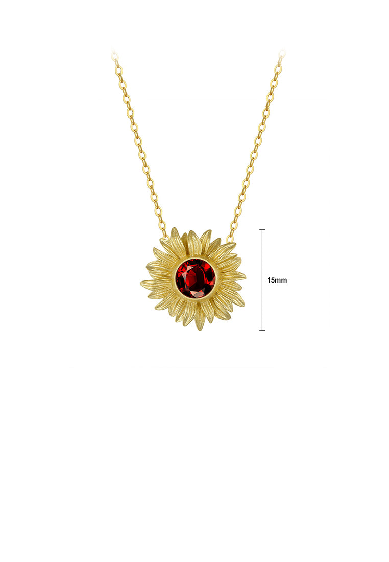 925 Sterling Silver Plated Gold Fashion Elegant Sunflower Pendant with Garnet and Necklace