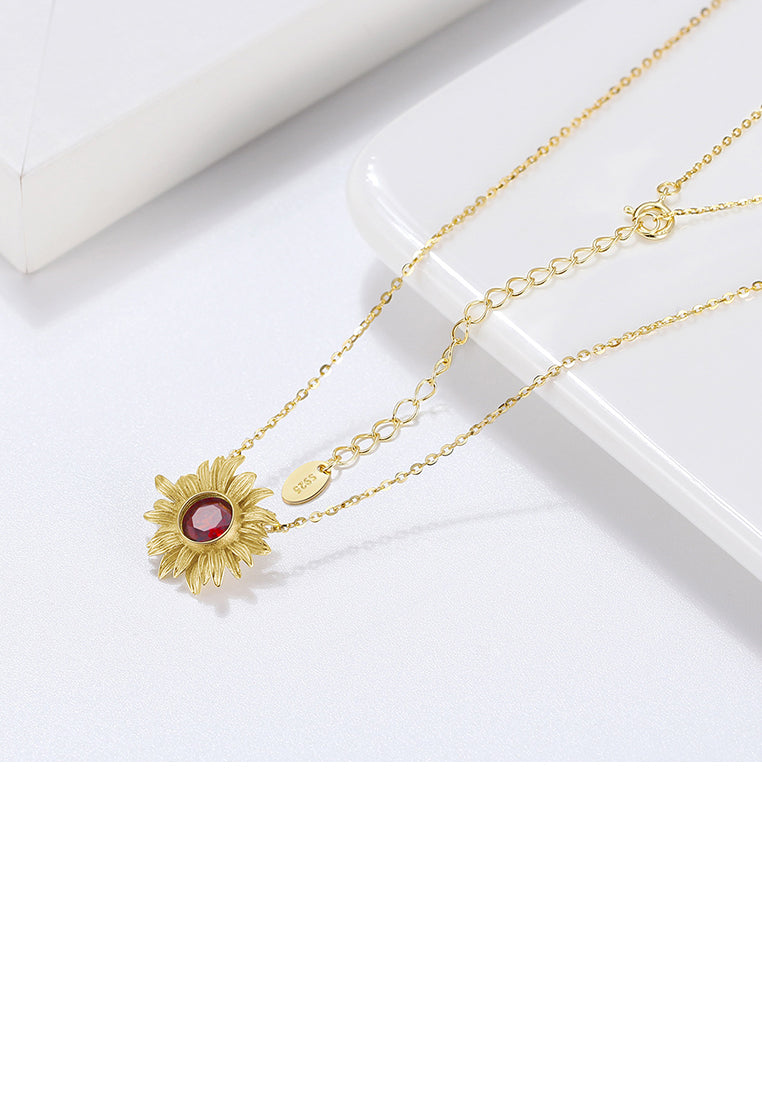 925 Sterling Silver Plated Gold Fashion Elegant Sunflower Pendant with Garnet and Necklace