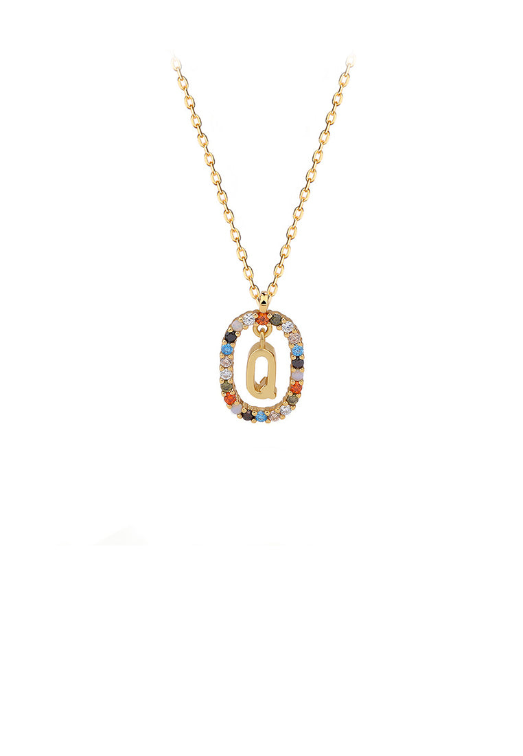 925 Sterling Silver Plated Gold Fashion Personality Alphabet Q Hollow Geometric Oval Pendant with Colorful Cubic Zirconia and Necklace - Luxurious Look