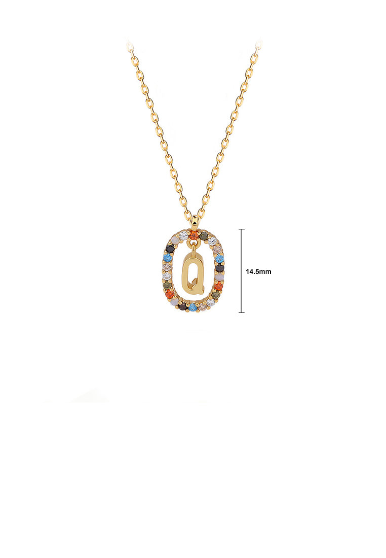 925 Sterling Silver Plated Gold Fashion Personality Alphabet Q Hollow Geometric Oval Pendant with Colorful Cubic Zirconia and Necklace - Luxurious Look
