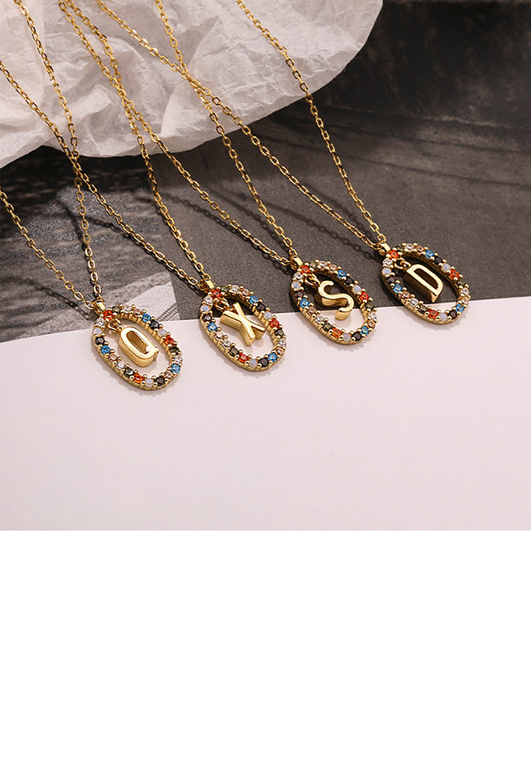 925 Sterling Silver Plated Gold Fashion Personality Alphabet Q Hollow Geometric Oval Pendant with Colorful Cubic Zirconia and Necklace - Luxurious Look