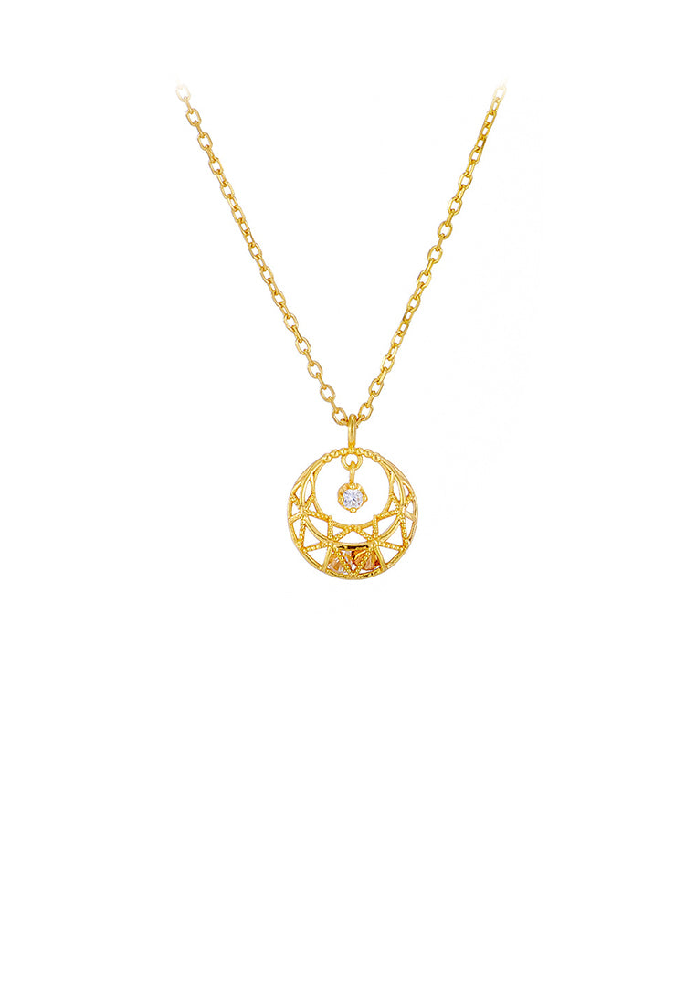 925 Sterling Silver Plated Gold Fashion Simple Hollow Pattern Geometric Round Pendant with Cubic Zirconia and Necklace - Luxurious Look