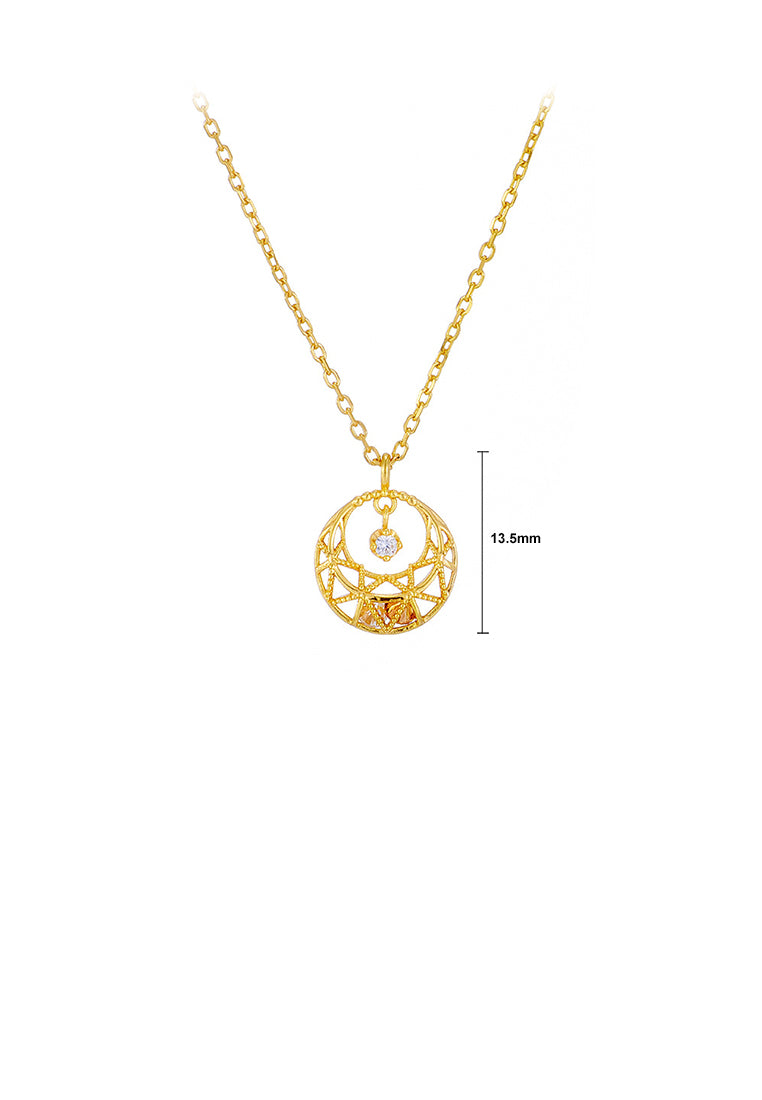 925 Sterling Silver Plated Gold Fashion Simple Hollow Pattern Geometric Round Pendant with Cubic Zirconia and Necklace - Luxurious Look