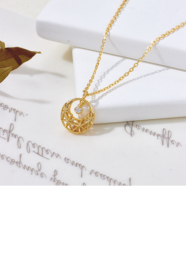 925 Sterling Silver Plated Gold Fashion Simple Hollow Pattern Geometric Round Pendant with Cubic Zirconia and Necklace - Luxurious Look