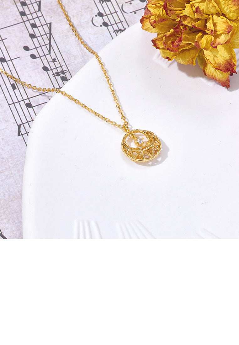 925 Sterling Silver Plated Gold Fashion Simple Hollow Pattern Geometric Round Pendant with Cubic Zirconia and Necklace - Luxurious Look