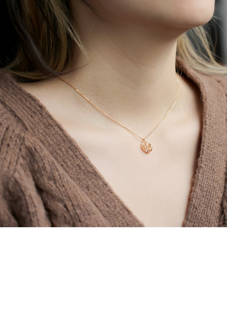 925 Sterling Silver Plated Gold Fashion Simple Hollow Pattern Geometric Round Pendant with Cubic Zirconia and Necklace - Luxurious Look