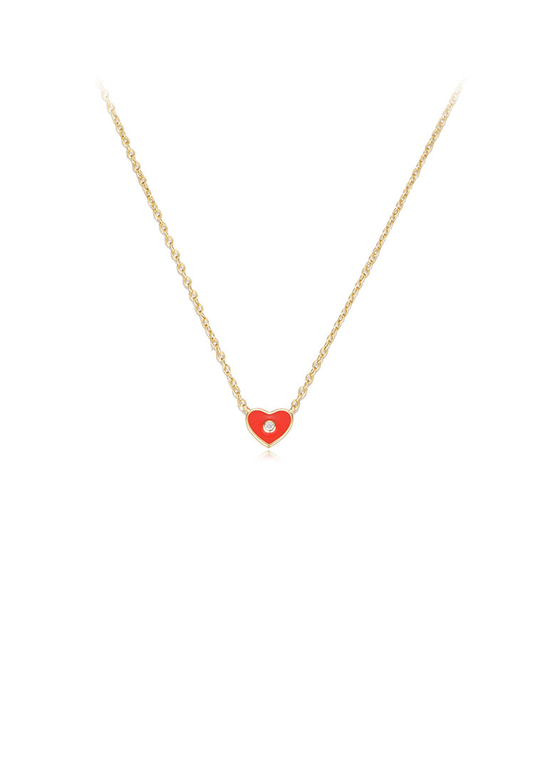 925 Sterling Silver Plated Gold Simple Romantic Enamel Red Heart Pendant with Cubic Zirconia and Necklace - Luxurious Look - Vibrant Color