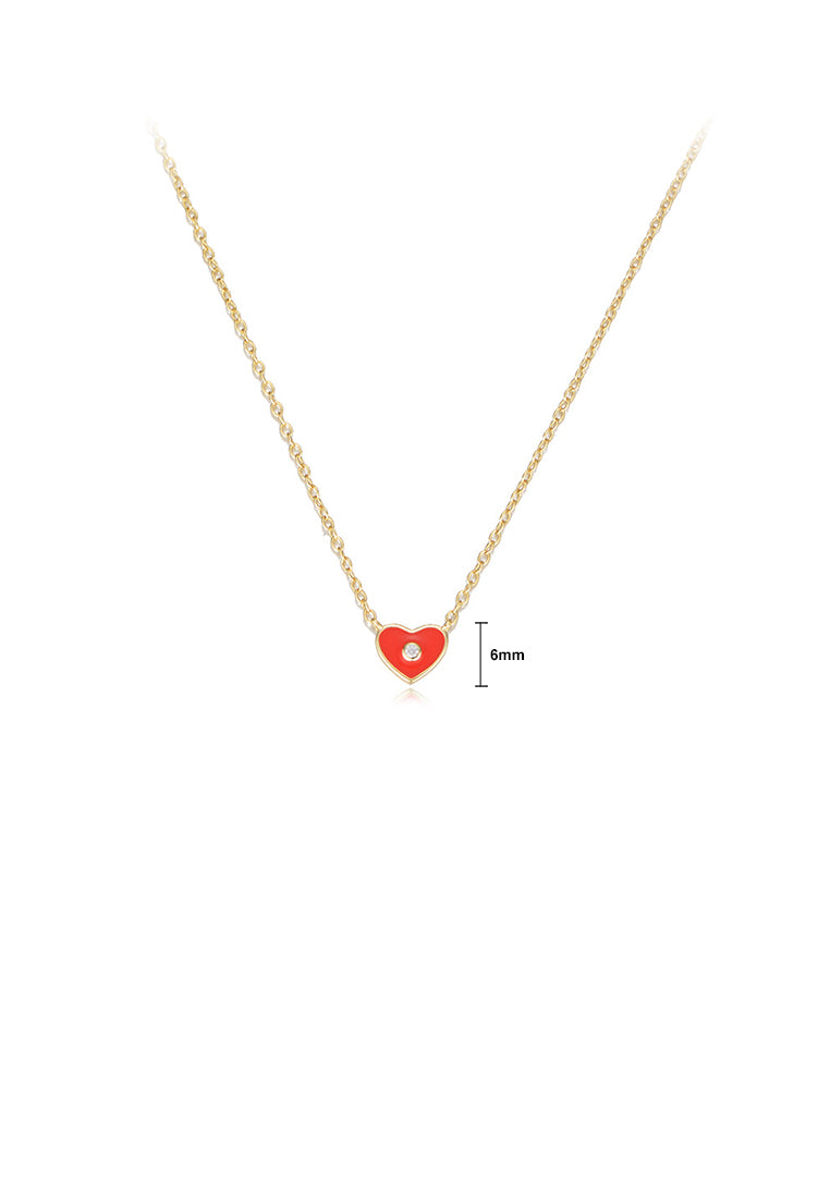 925 Sterling Silver Plated Gold Simple Romantic Enamel Red Heart Pendant with Cubic Zirconia and Necklace - Luxurious Look - Vibrant Color