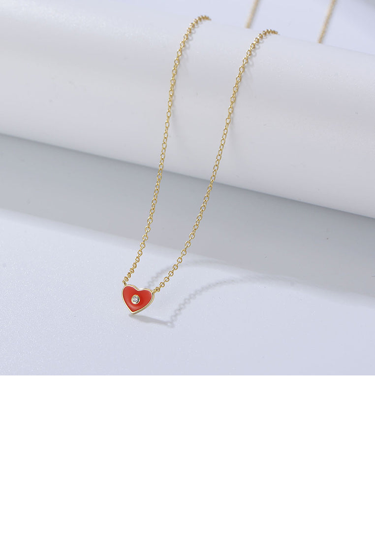 925 Sterling Silver Plated Gold Simple Romantic Enamel Red Heart Pendant with Cubic Zirconia and Necklace - Luxurious Look - Vibrant Color