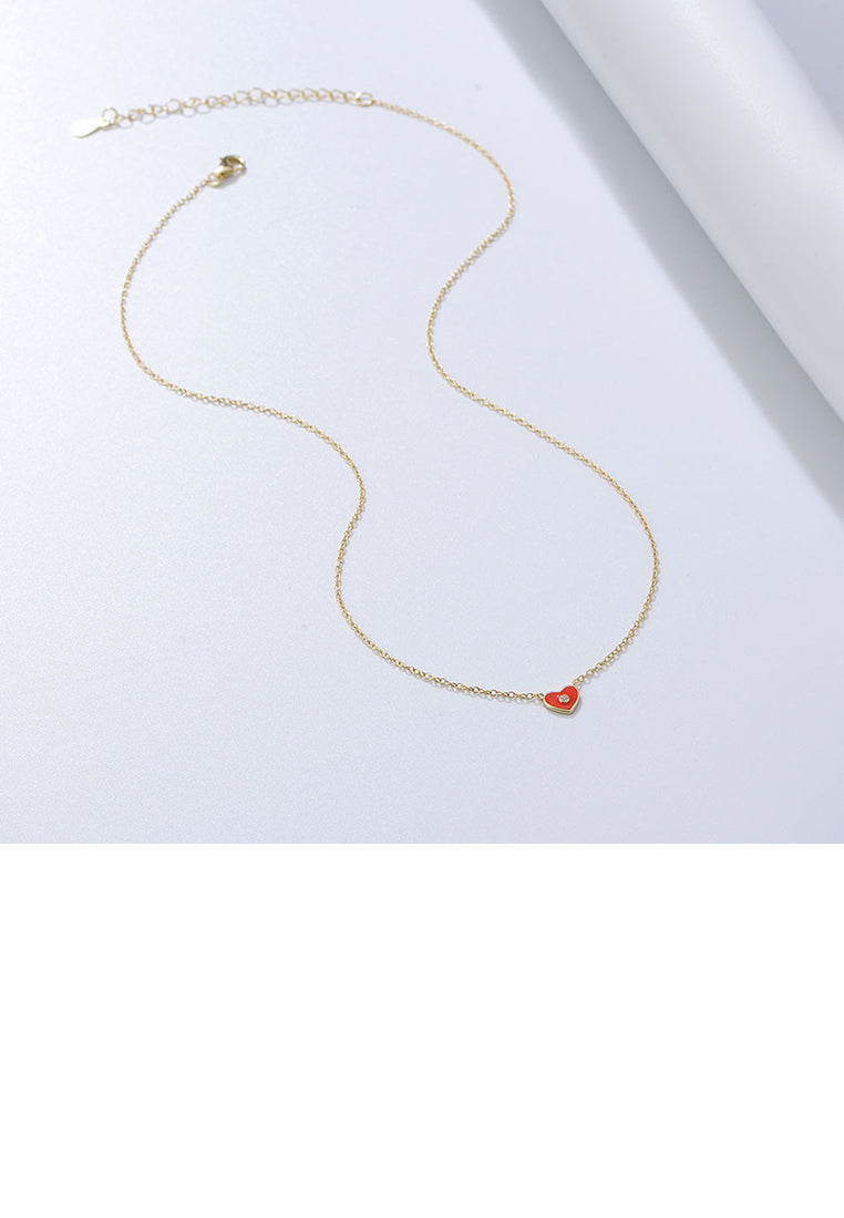 925 Sterling Silver Plated Gold Simple Romantic Enamel Red Heart Pendant with Cubic Zirconia and Necklace - Luxurious Look - Vibrant Color