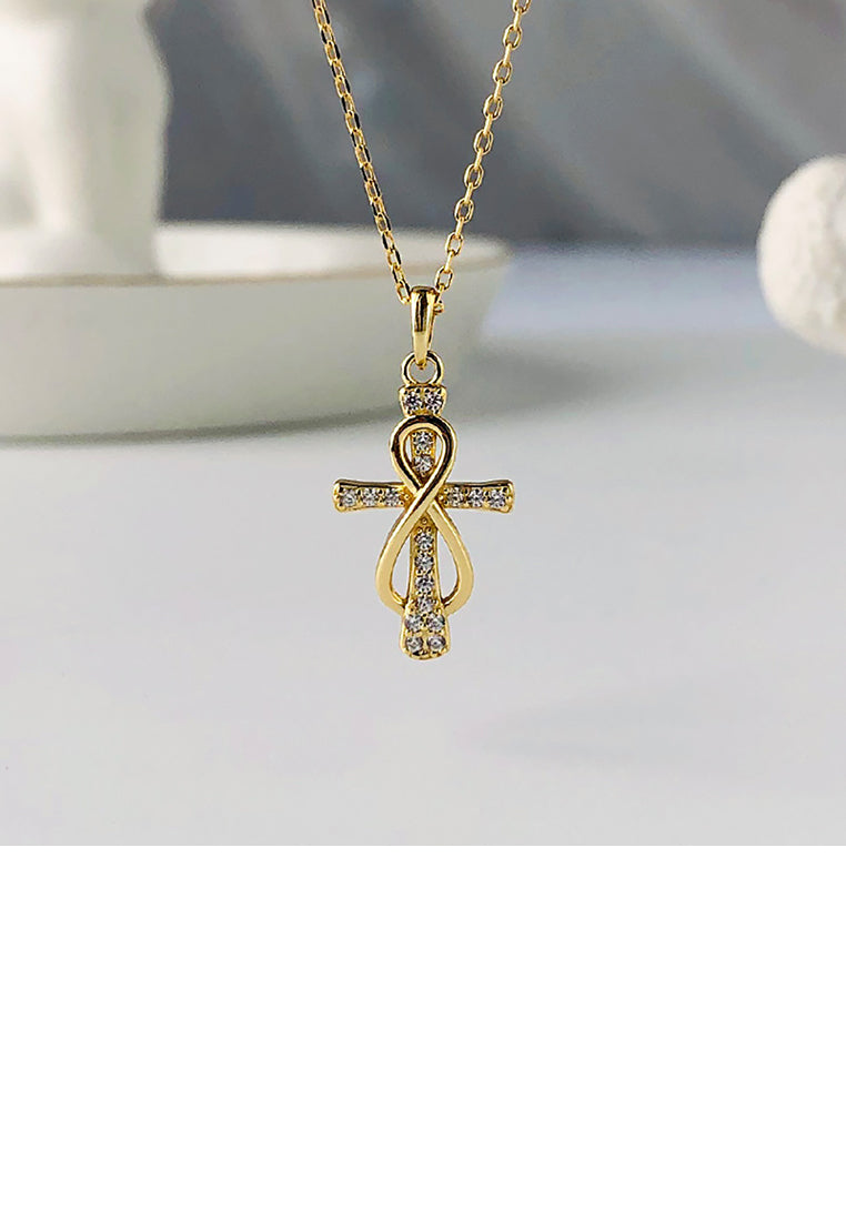 925 Sterling Silver Plated Gold Fashion Temperament Cross Infinity Symbol Pendant with Cubic Zirconia and Necklace - Luxurious Look