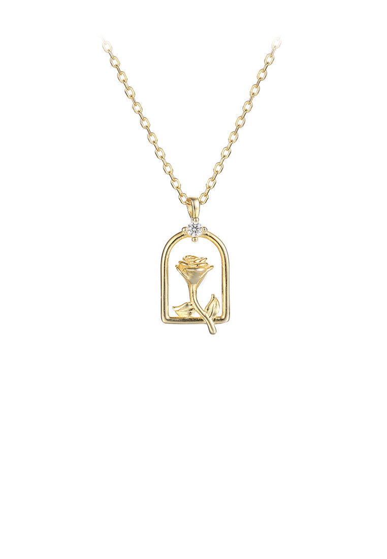 925 Sterling Silver Plated Gold Fashion Romantic Rose Openwork Geometric Pendant with Cubic Zirconia and Necklace - Luxurious Look