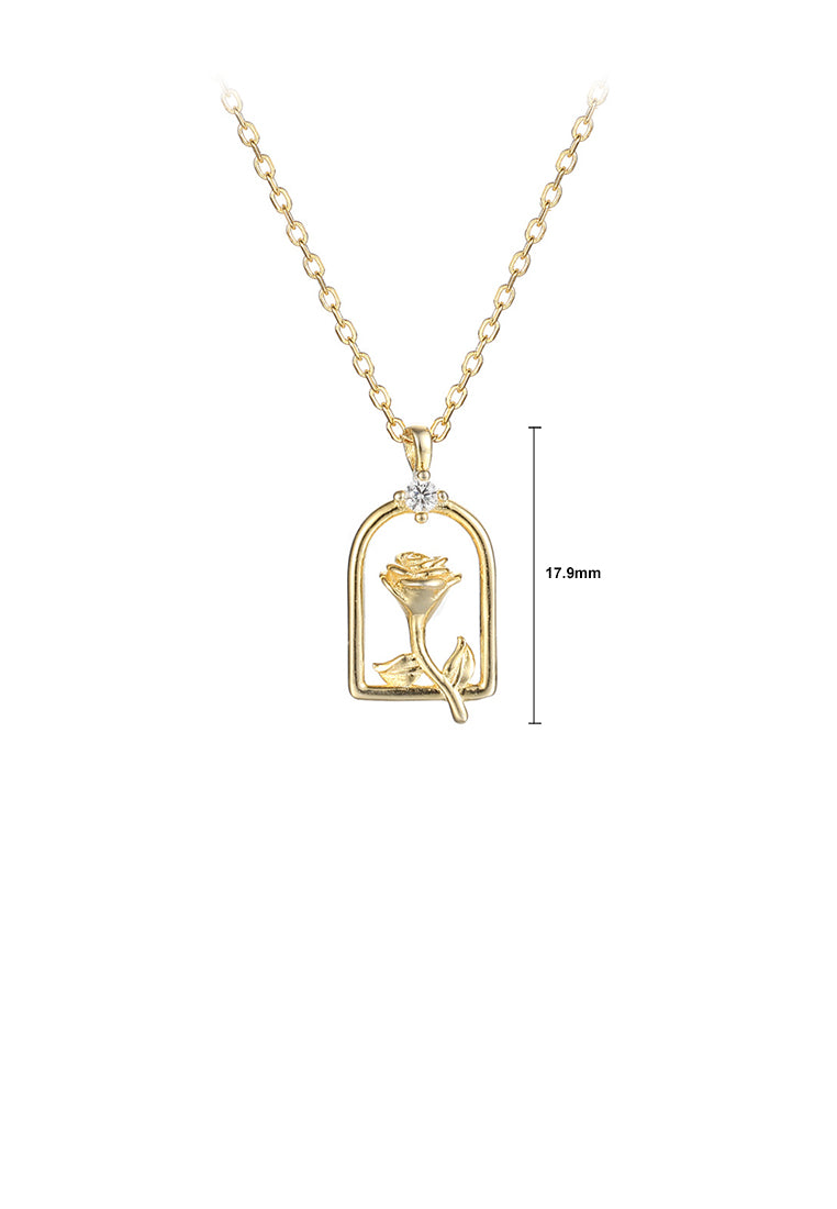 925 Sterling Silver Plated Gold Fashion Romantic Rose Openwork Geometric Pendant with Cubic Zirconia and Necklace - Luxurious Look